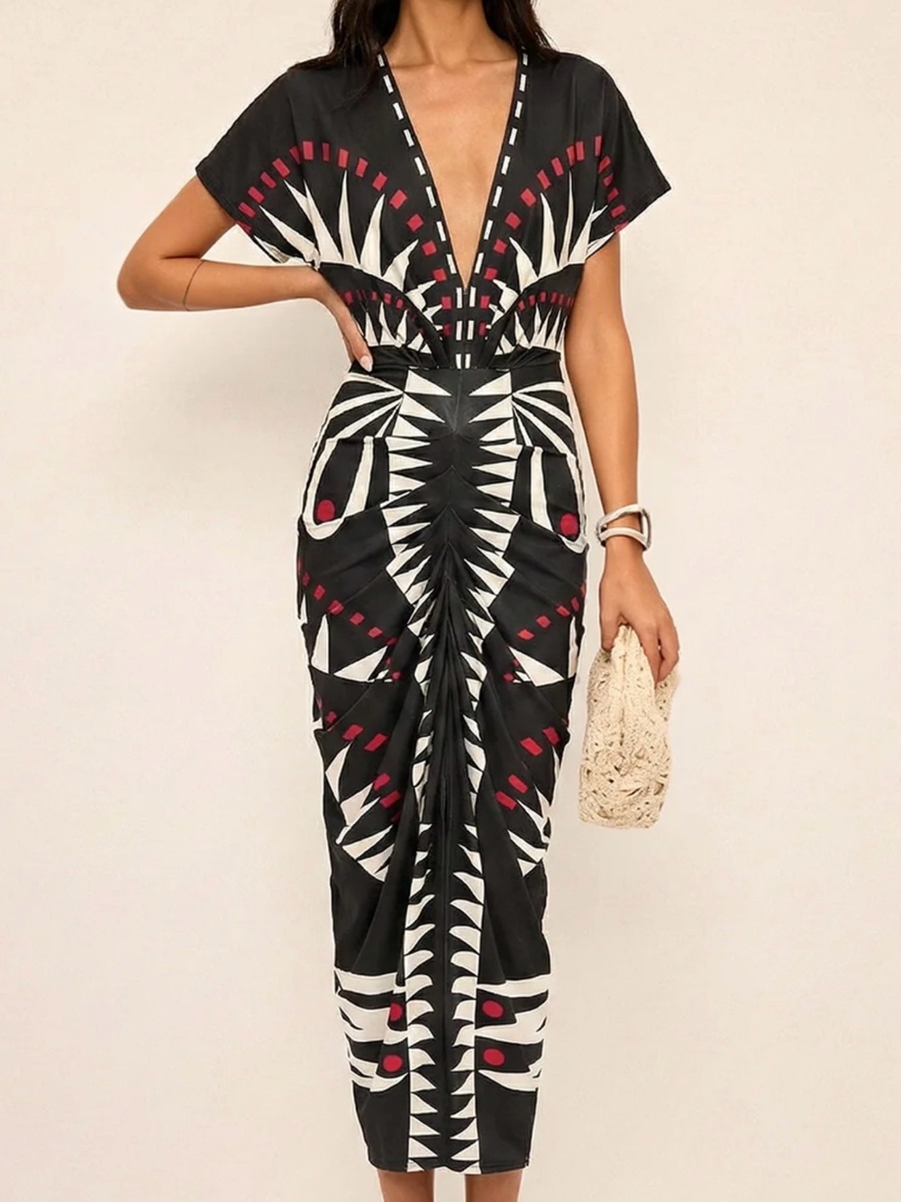 Commense Geometric Print Deep V-Neck Midi Dress - Medium - Picture 3 of 8